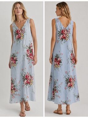 Ralph Lauren Linen Garden Midi Dress in Soft Blue